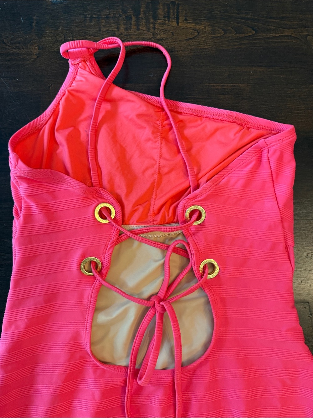 One-Shoulder Ribbed Pink Swimsuit - Picture 3 of 5
